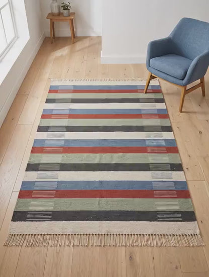 Handwoven Striped Wool Flatweave Rug in Blue Rust and Sage Green