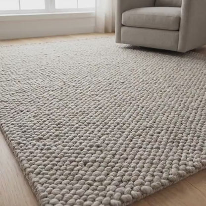 Chunky Wool Rug Neutral Beige Handwoven Look Thick Loop Rug Cozy Minimalist Scandinavian Living Room Decor