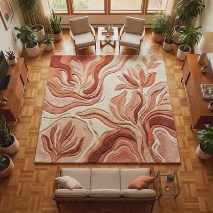 Abstract Boho Rug - Modern Area Rug With Textured Floor & Neutral Terracotta Carpet