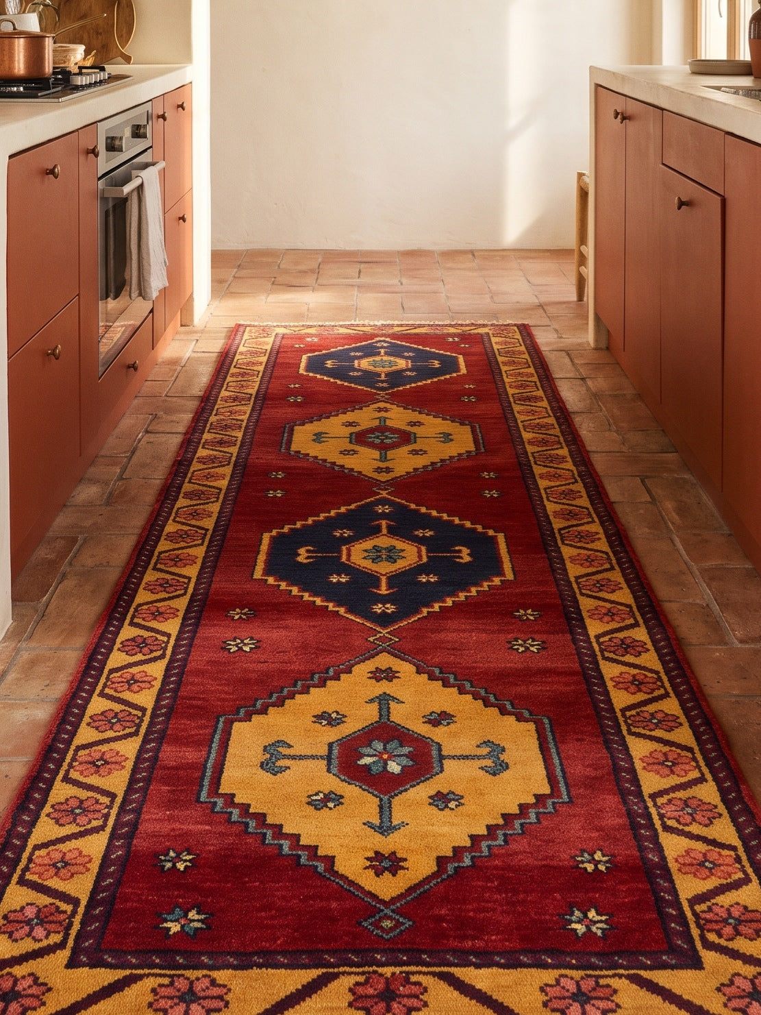 Red Tribal Runner Rug with wine-red wool field, golden stepped diamond medallions, navy accents and floral border