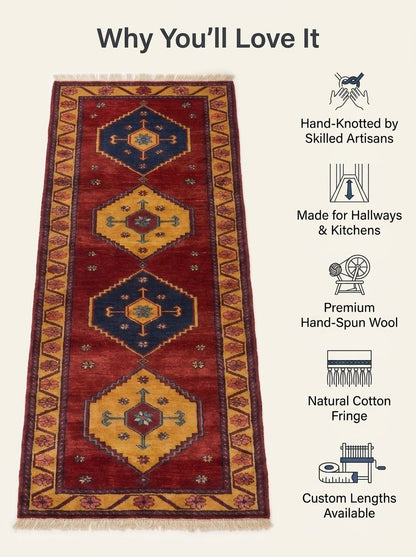 Red Tribal Runner Rug with a wine-red wool field, alternating navy and gold diamond medallions, rosette border and cotton fringe