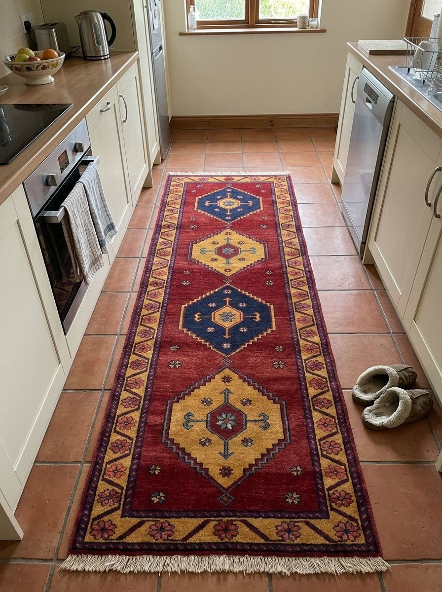 Red Tribal Runner Rug in wool with a wine-red field, navy and gold diamond medallions, floral border and fringe