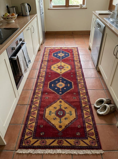Red Tribal Runner Rug in wool with a wine-red field, navy and gold diamond medallions, floral border and fringe