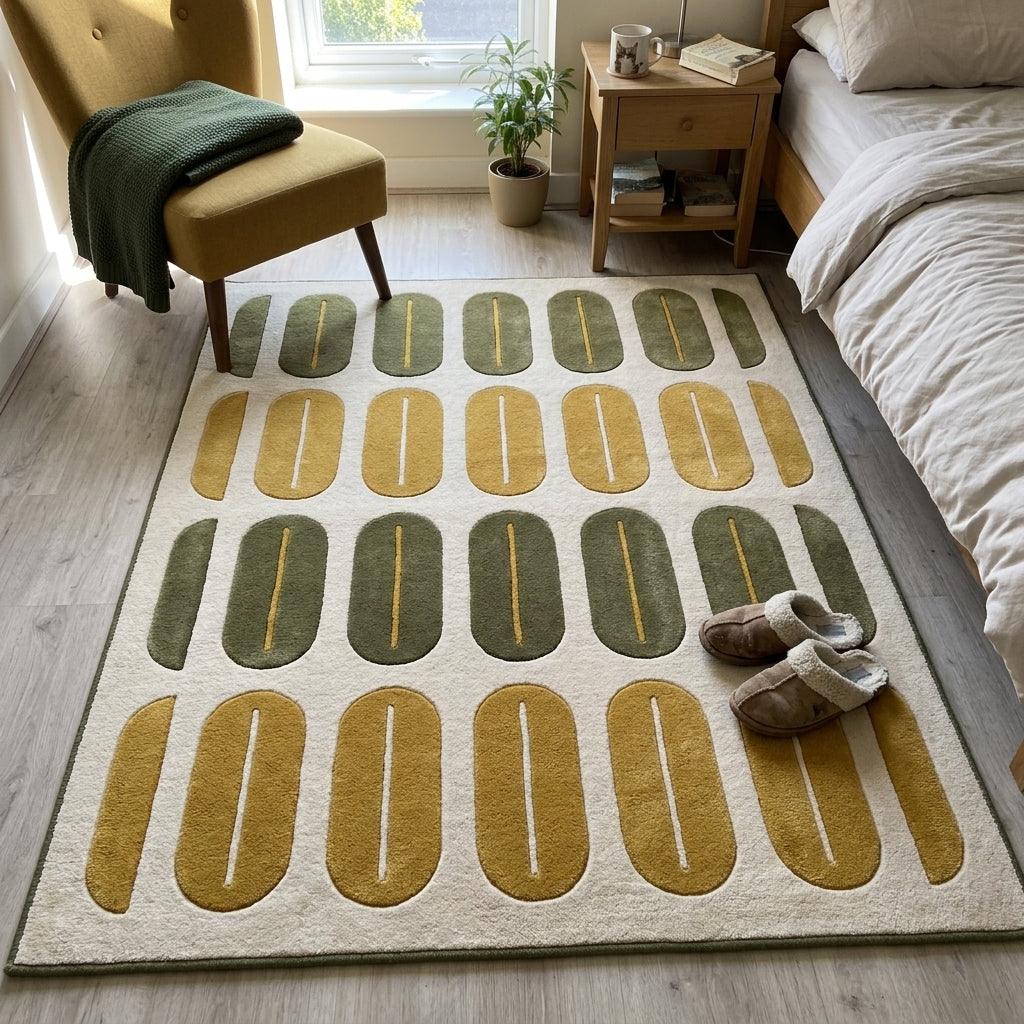 Retro Oval Rug in ivory wool with rows of olive green and mustard oval shapes, carved center lines and olive edging