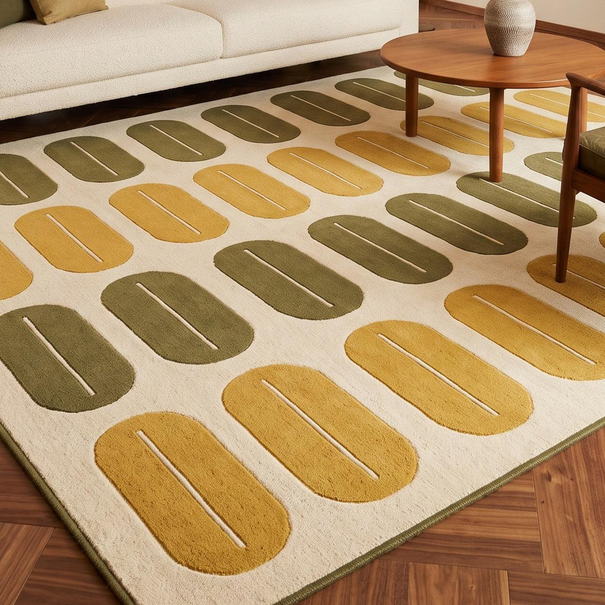 Retro Oval Rug in ivory wool with raised olive green and mustard oval rows, carved center lines and an olive border