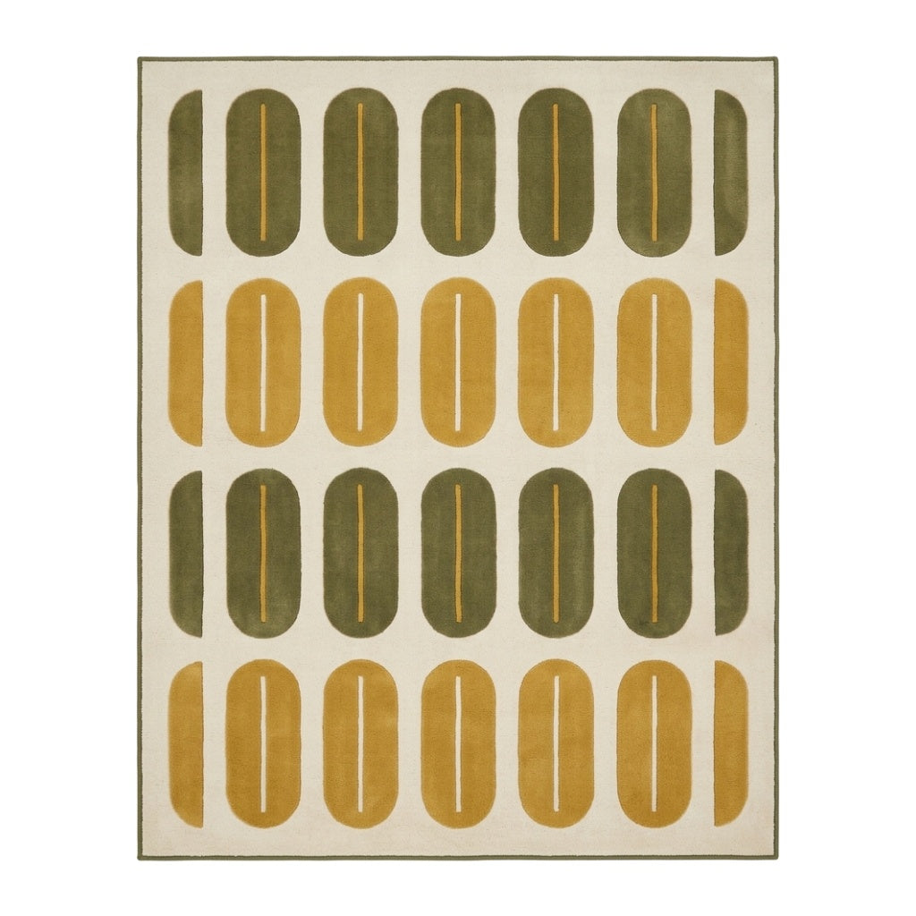 Retro Oval Rug with rows of olive green and mustard rounded shapes on an ivory wool surface, finished with a narrow olive border