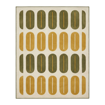 Retro Oval Rug with rows of olive green and mustard rounded shapes on an ivory wool surface, finished with a narrow olive border