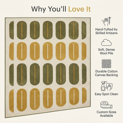Retro Oval Rug with olive green and mustard rounded oval rows on an ivory ground, finished with a dark olive border