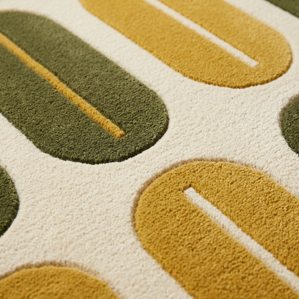 Retro Oval Rug in plush wool with olive green and mustard ovals, ivory ground and carved centre lines