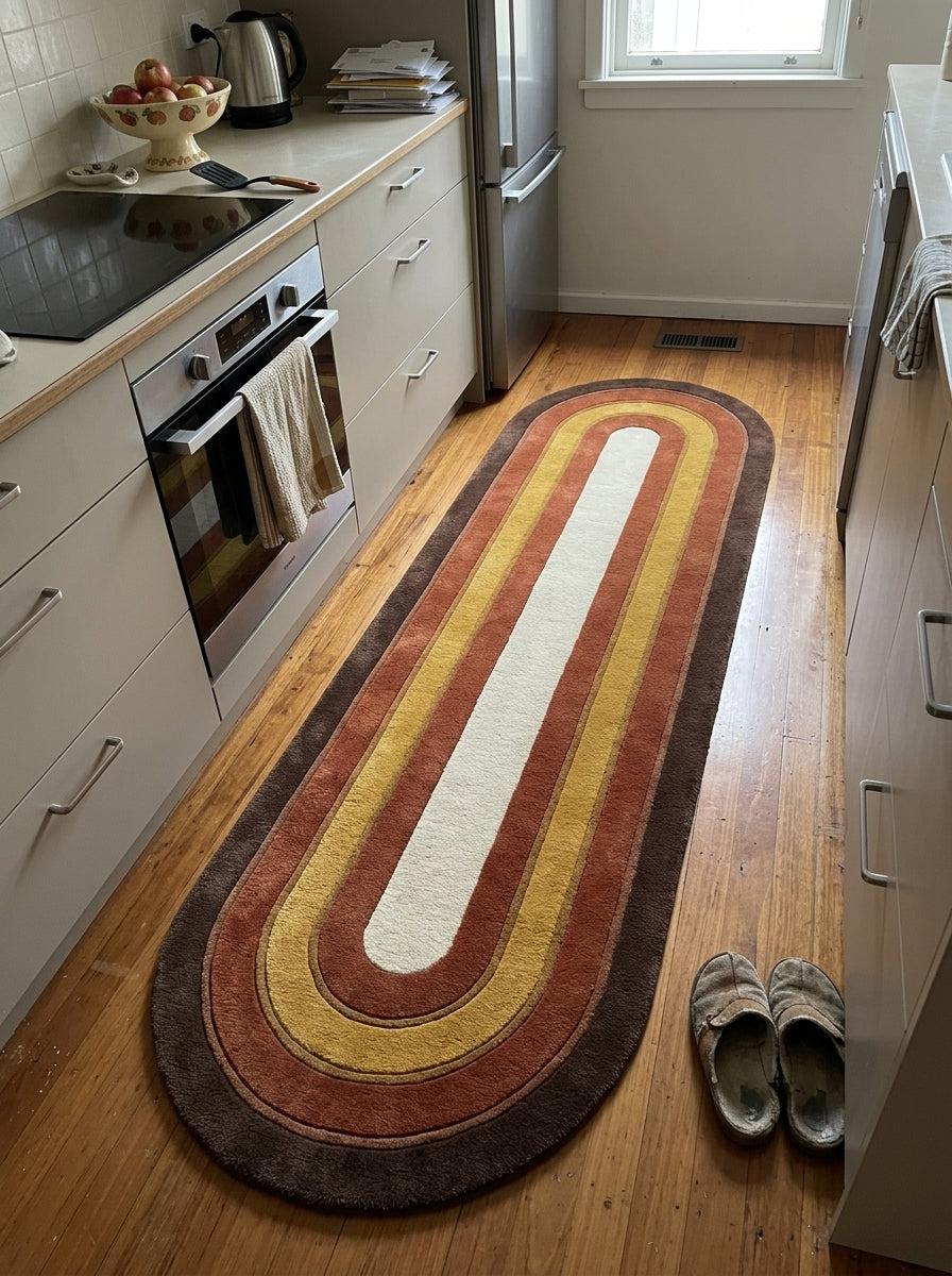 Retro Oval Runner Rug with concentric chocolate brown, rust, mustard and ivory wool bands and rounded ends