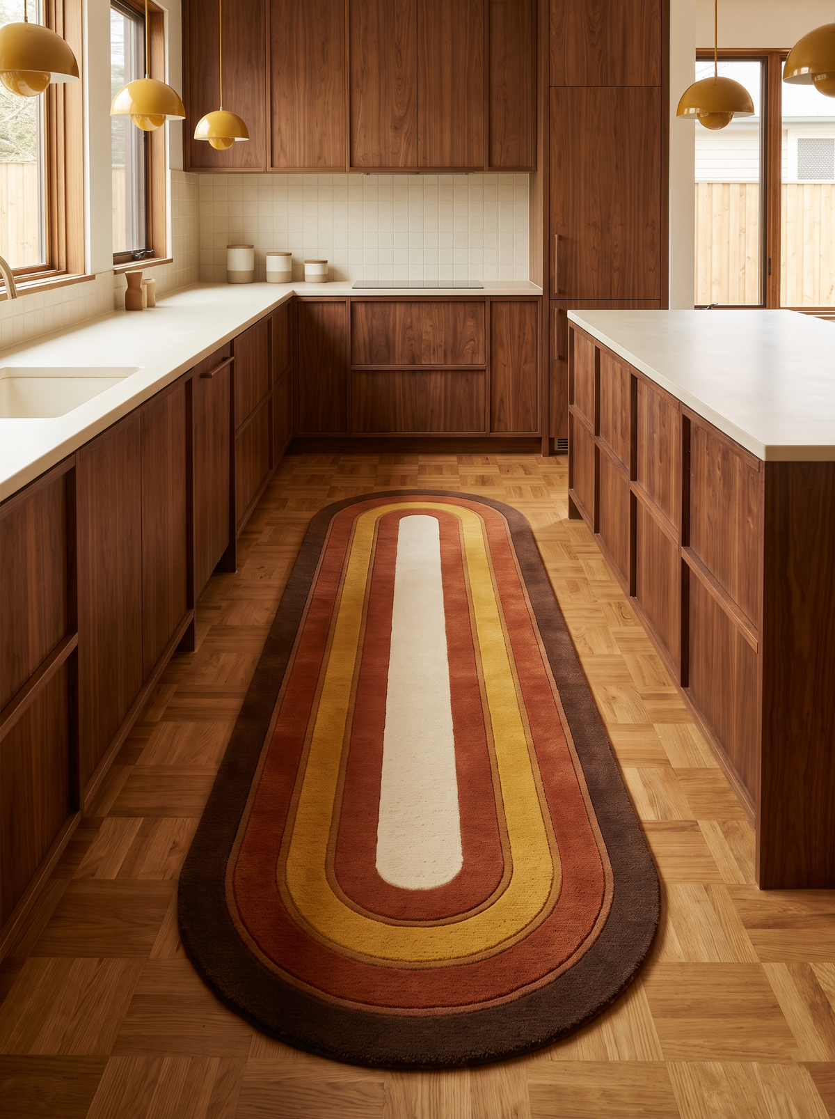 Retro Oval Runner Rug with concentric rust, mustard, ivory and chocolate brown wool bands in a rounded shape