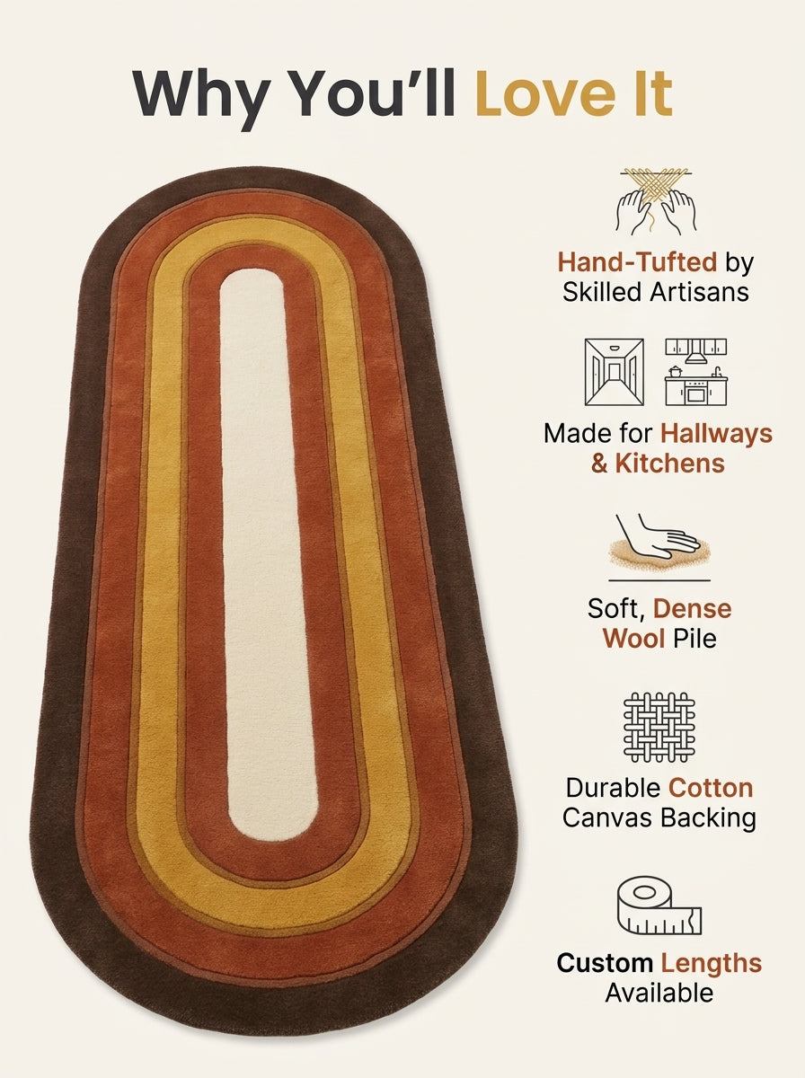 Retro Oval Runner Rug in tufted wool with concentric chocolate brown, rust, mustard and ivory bands and rounded ends