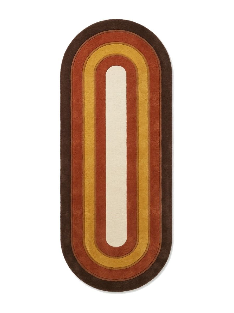 Retro Oval Runner Rug in wool with concentric chocolate brown, rust, mustard and ivory bands and rounded ends