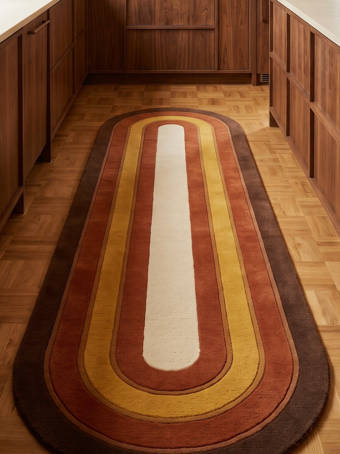 Retro Oval Runner Rug in wool with concentric chocolate, rust, mustard and ivory bands and rounded ends
