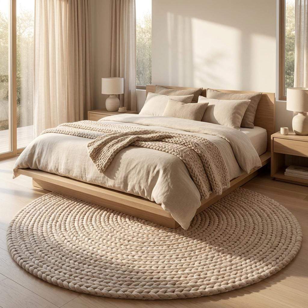 Round chunky knit wool rug in cream, handwoven merino wool, Scandinavian nursery and living room decor, cozy textured floor rug