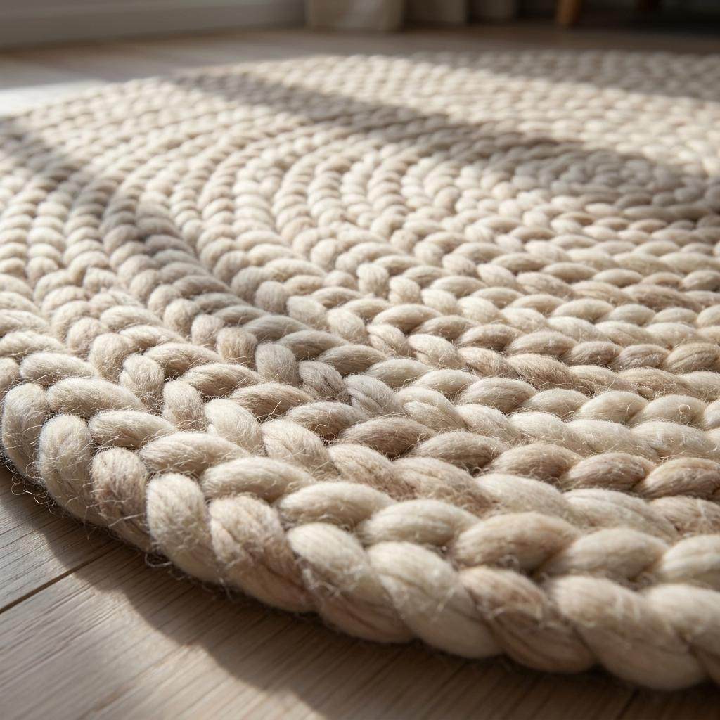 Round chunky knit wool rug in cream, handwoven Scandinavian style nursery and living room decor