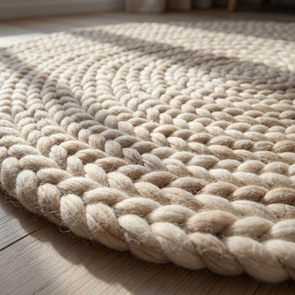 Round chunky knit wool rug in cream, handwoven Scandinavian style nursery and living room decor