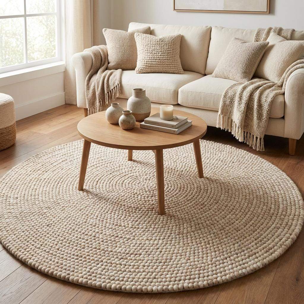 Handwoven round chunky knit wool rug in cream with Scandinavian minimalist design for cozy home décor