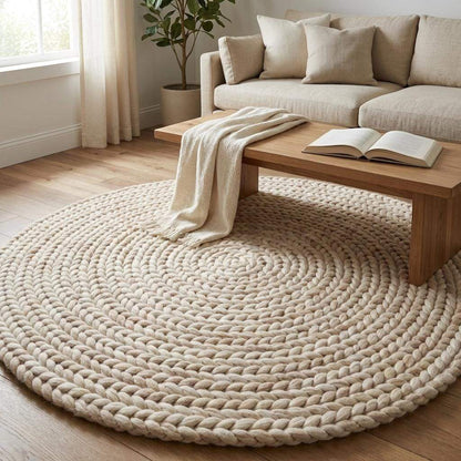 Round chunky knit wool rug in cream, handwoven merino wool, cozy Scandinavian nursery and living room decor