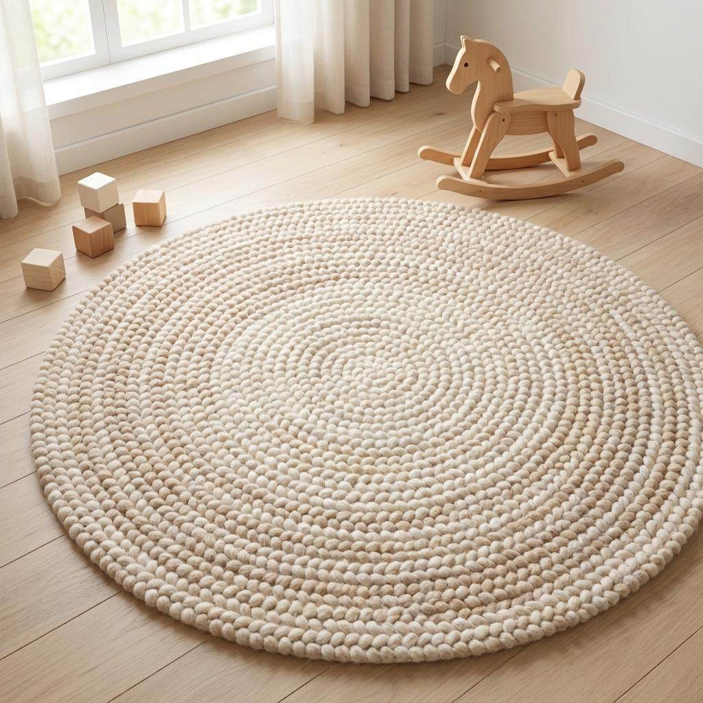 Round chunky knit wool rug in cream, handwoven Scandinavian nursery floor decor with cozy texture