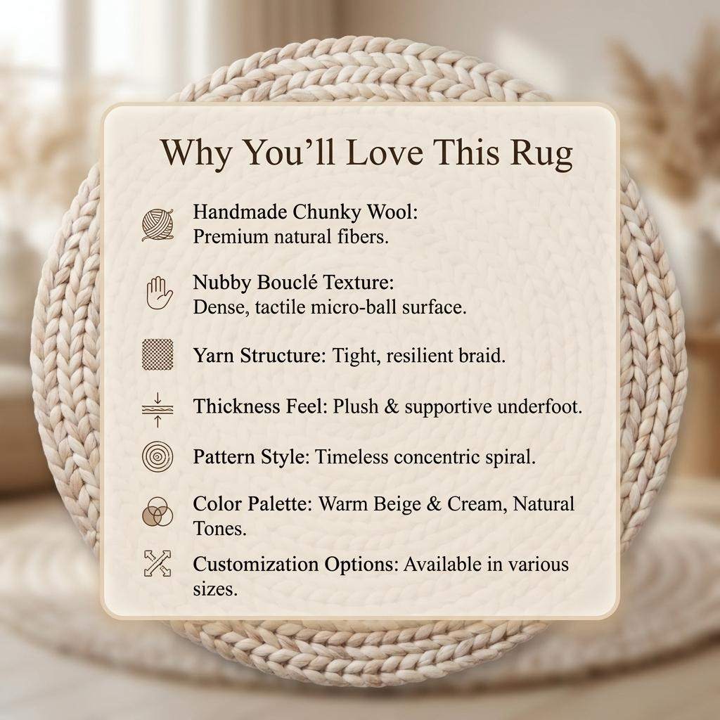 Round chunky knit wool rug in cream, handwoven Merino wool, Scandinavian nursery decor, cozy textured area rug