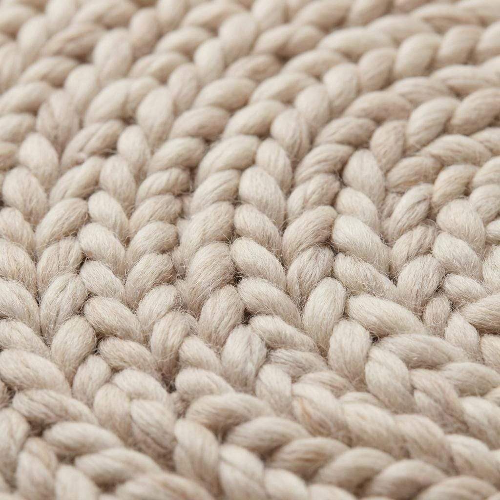 Round chunky knit wool rug in cream, handwoven Merino wool with Scandinavian minimalist design for cozy nursery or living room decor