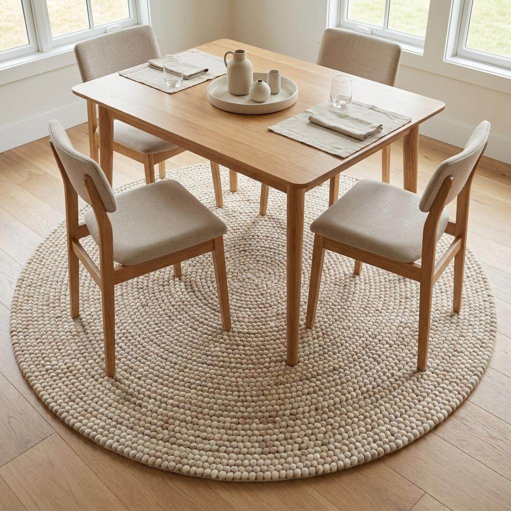 Round chunky knit wool rug in cream, handwoven Scandinavian nursery decor with cozy texture