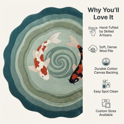 Round Koi Fish Rug in teal, sage and aqua wool, with two orange, white and black koi circling a carved spiral