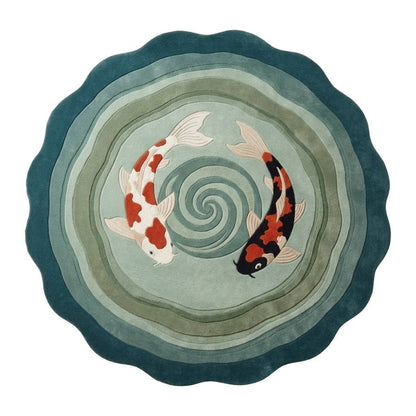 Round Koi Fish Rug in teal, sage and pale aqua wool, with two white, orange and black koi circling a spiral.