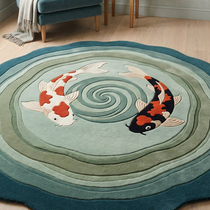 Round Koi Fish Rug in teal, sage and pale aqua wool, with two carved white, orange and black koi circling a spiral