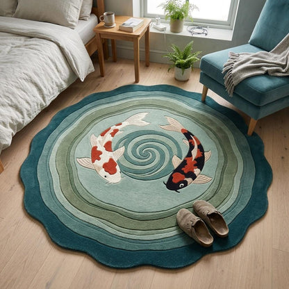 Round Koi Fish Rug in teal, sage and aqua wool, with two white, orange and black koi circling a carved spiral