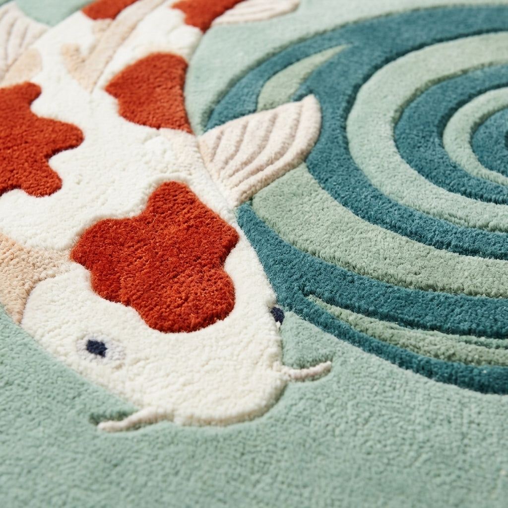 Round Koi Fish Rug in plush wool, showing a white koi with orange patches beside carved teal and sage ripple rings