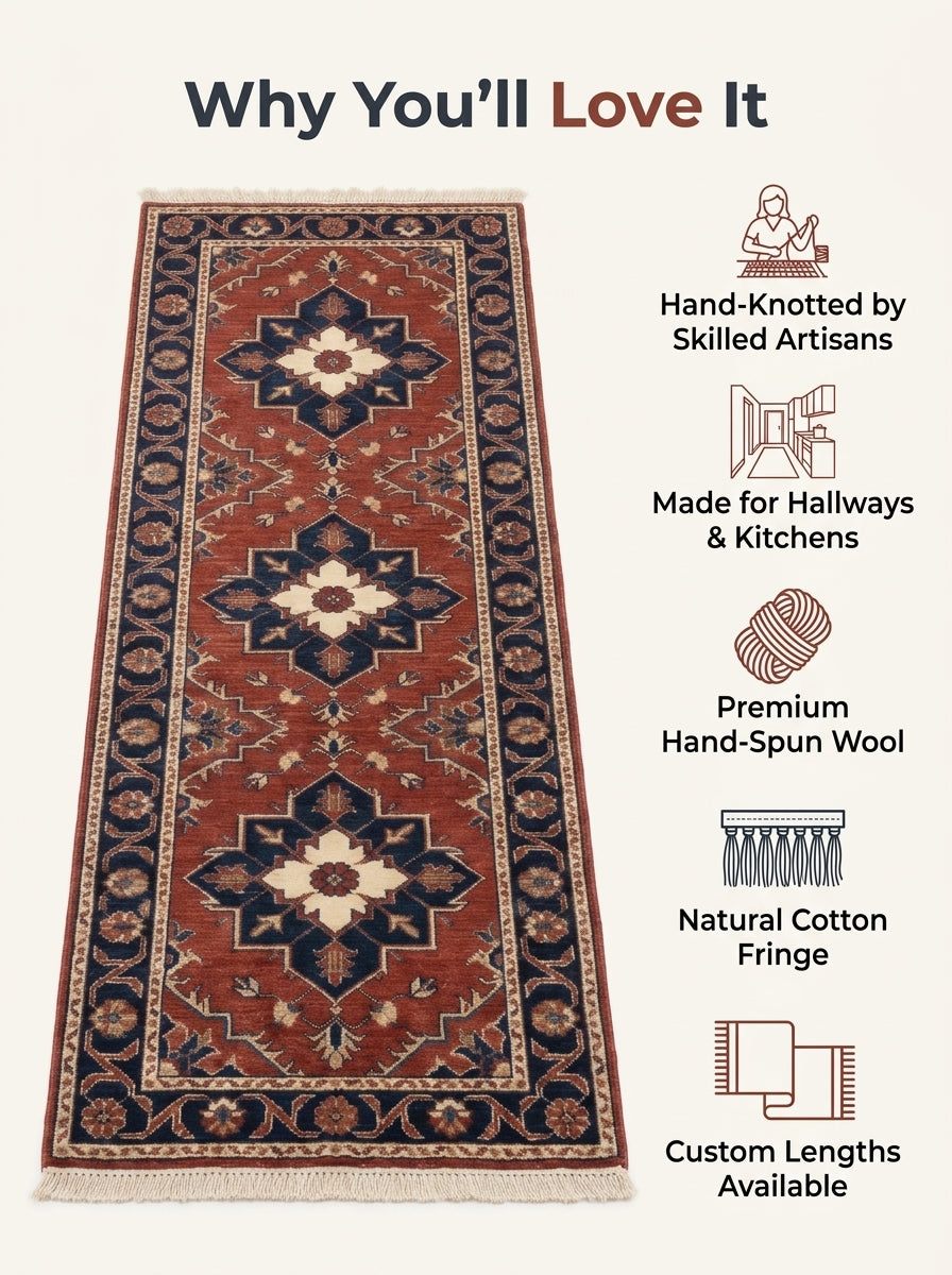 Rust Red Heriz Runner Rug in rust red wool with navy geometric medallions, ivory flowers, floral border and cotton fringe