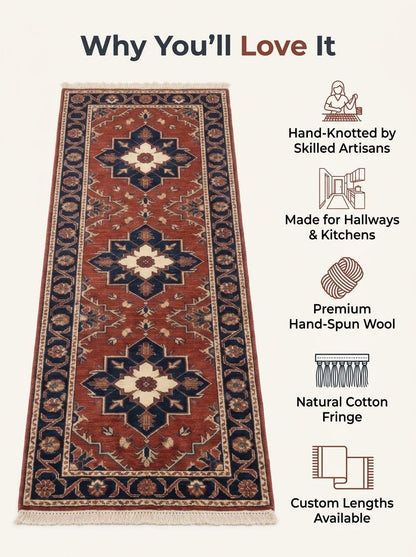 Rust Red Heriz Runner Rug in rust red wool with navy geometric medallions, ivory flowers, floral border and cotton fringe