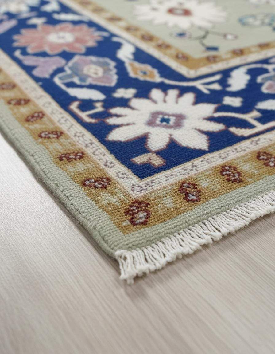Sage green floral area rug with traditional Oushak design, navy border, ivory and mauve floral motifs, and finished fringe on stone floor.