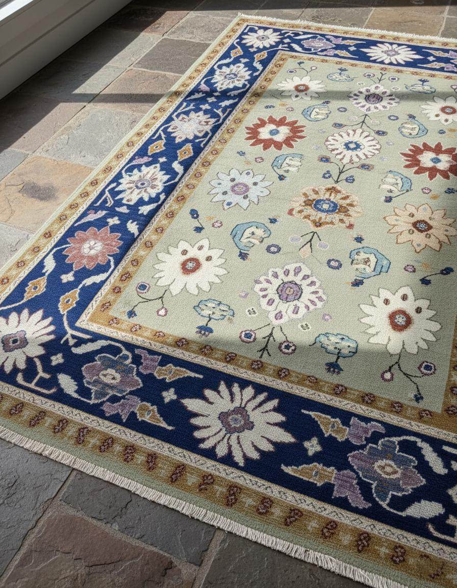 Top view of sage green floral area rug with traditional Oushak design and navy border on stone floor