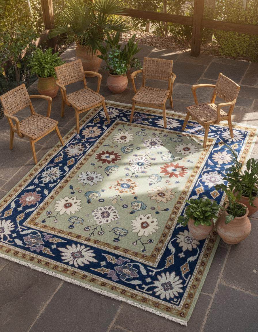 Top view of sage green floral area rug with traditional Oushak design and navy border