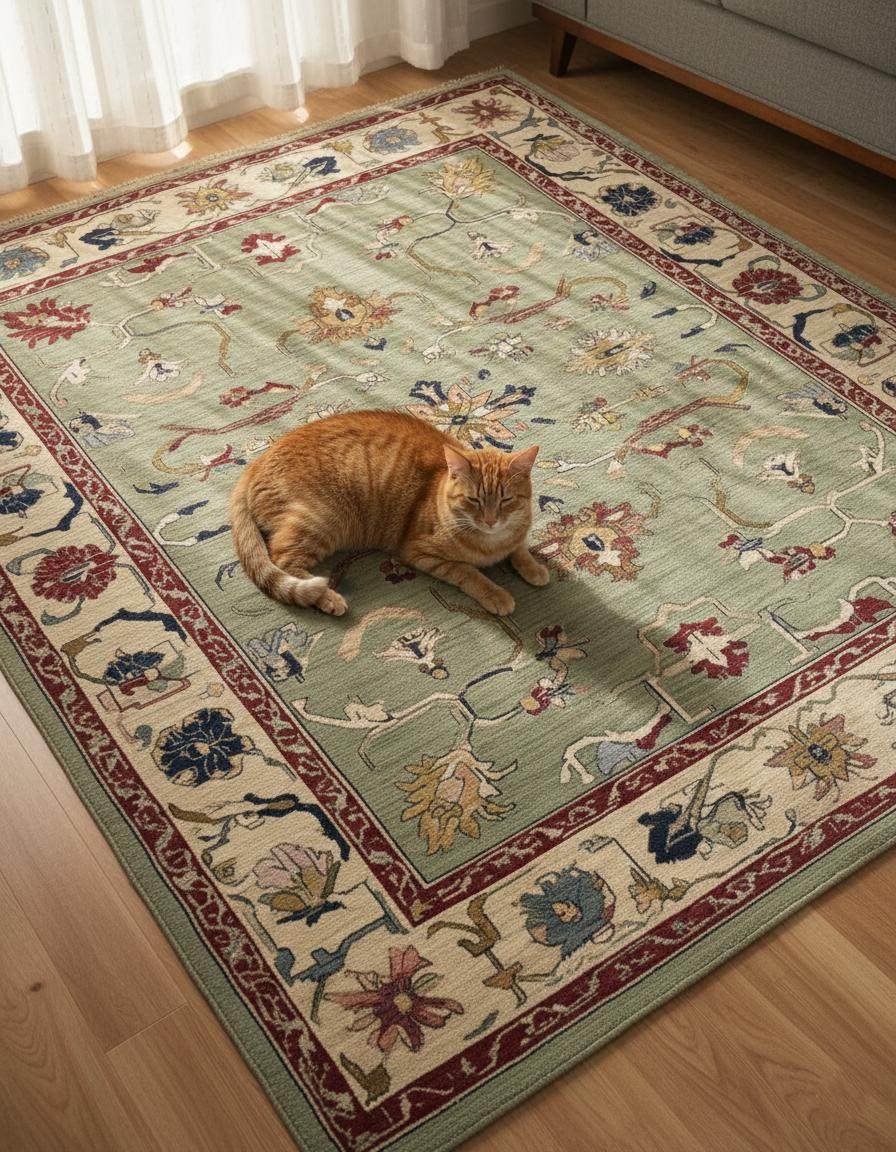 Sage green Oushak rug with hand-tufted wool, floral and vine patterns, featuring muted terracotta and cream borders.