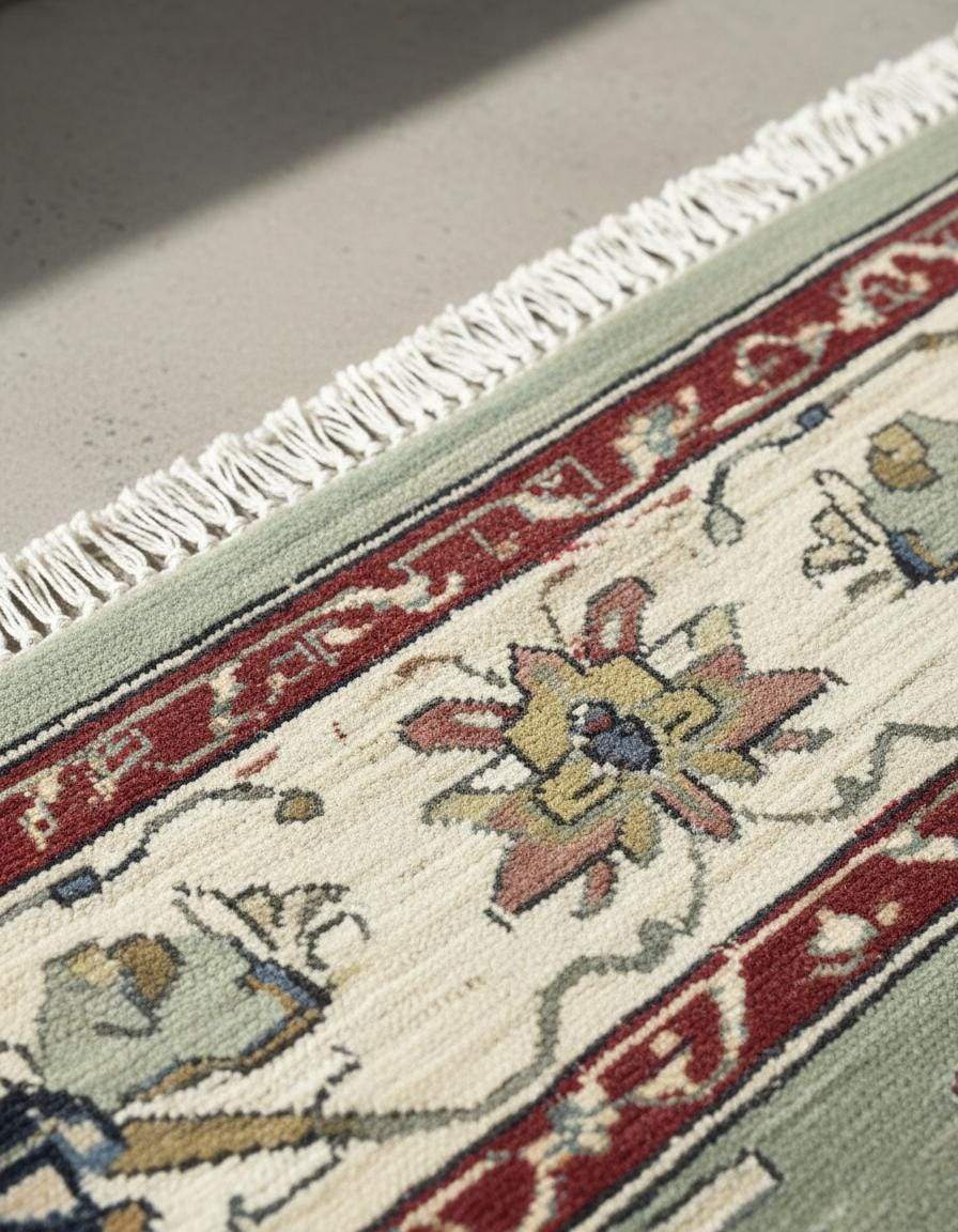 Sage green Oushak rug with hand-tufted wool, floral and vine patterns in muted terracotta, navy, and cream borders
