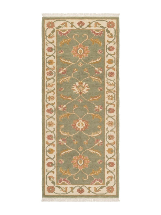 Sage Green Oushak Runner Rug with a sage field, ivory floral vine border, peach and terracotta motifs, and fringe