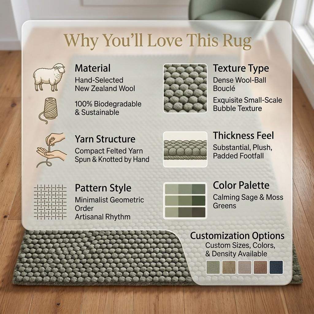 Sage green hand woven wool area rug with pebble texture and raised bobbles for living room decor