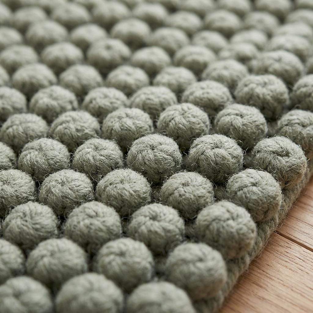 Sage green hand woven wool area rug with pebble texture bobble weave design