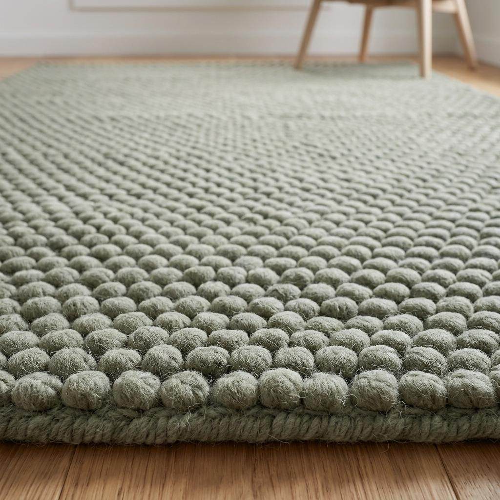 Sage green hand woven pebble texture wool area rug with raised bobble weave for living room decor