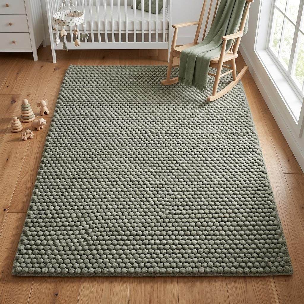 Sage green pebble texture wool area rug with hand woven bobble weave design