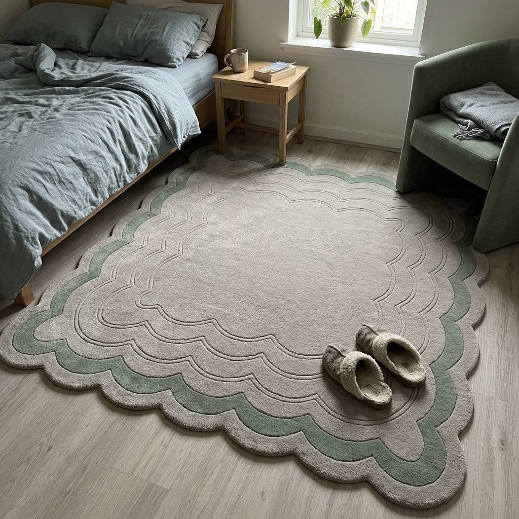 Sage Green Scalloped Echo wool rug in pale greige with a sage green border and carved scalloped lines.