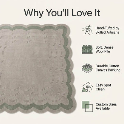 Sage Green Scalloped Echo hand-tufted wool rug in pale greige with carved ripple lines and a sage scalloped border.