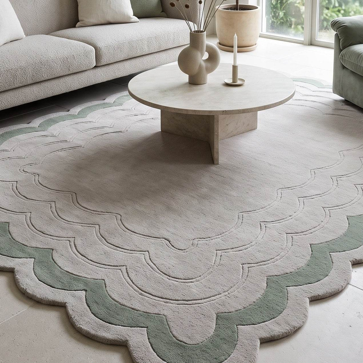 Sage Green Scalloped Echo wool rug in pale greige and sage, with carved ripple lines and a scalloped edge.