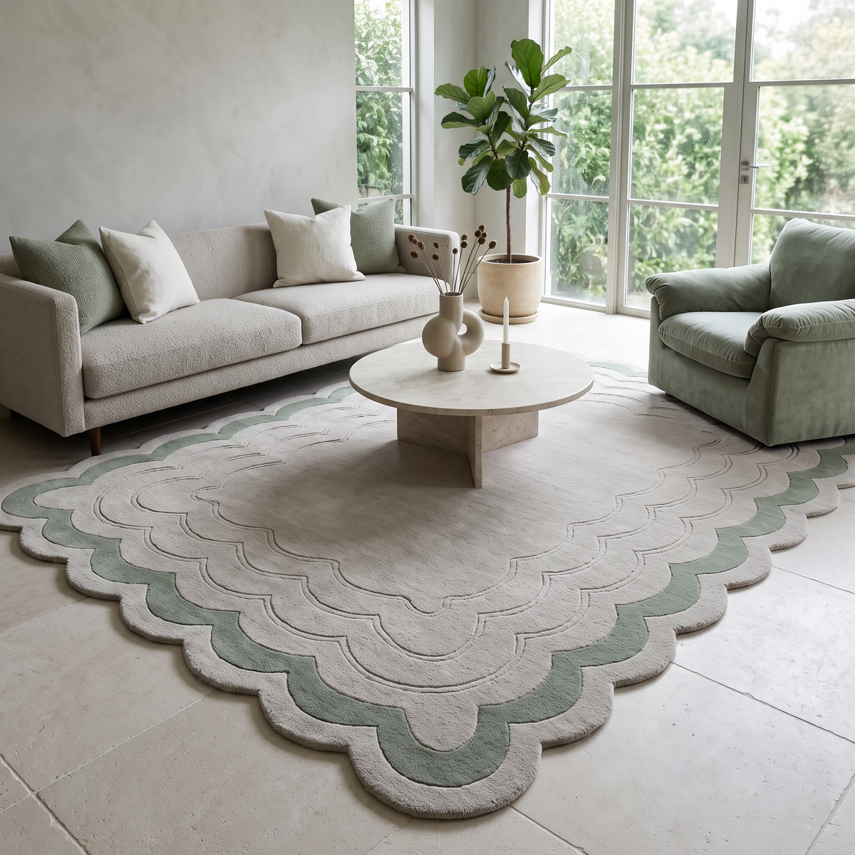 Sage Green Scalloped Echo wool rug with a pale greige field, carved ripple lines and a sage green scalloped border
