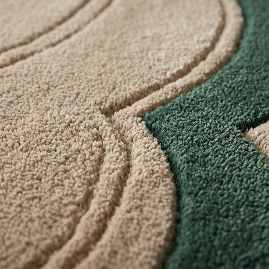 Hand-tufted wool rug in greige and sage green, with plush carved scalloped lines and a textured pile; Sage Green Scalloped Echo rug.