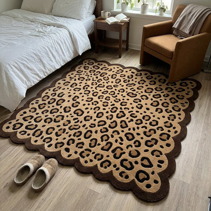 Scalloped Leopard Rug in tan wool with black rosette pattern and a dark brown border, finished with curved edges